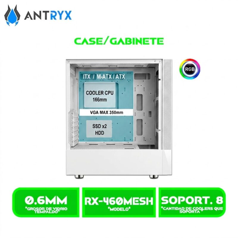 CASE ANTRYX RX 460 MESH WHITE USB 3.0 FAN X3 VIDRIO TEMPLADO (AC-RX460MW)