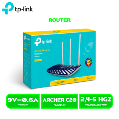 ROUTER TP-LINK ARCHER C20 AC750 WIRELESS DOBLE BANDA 3 ANTENAS