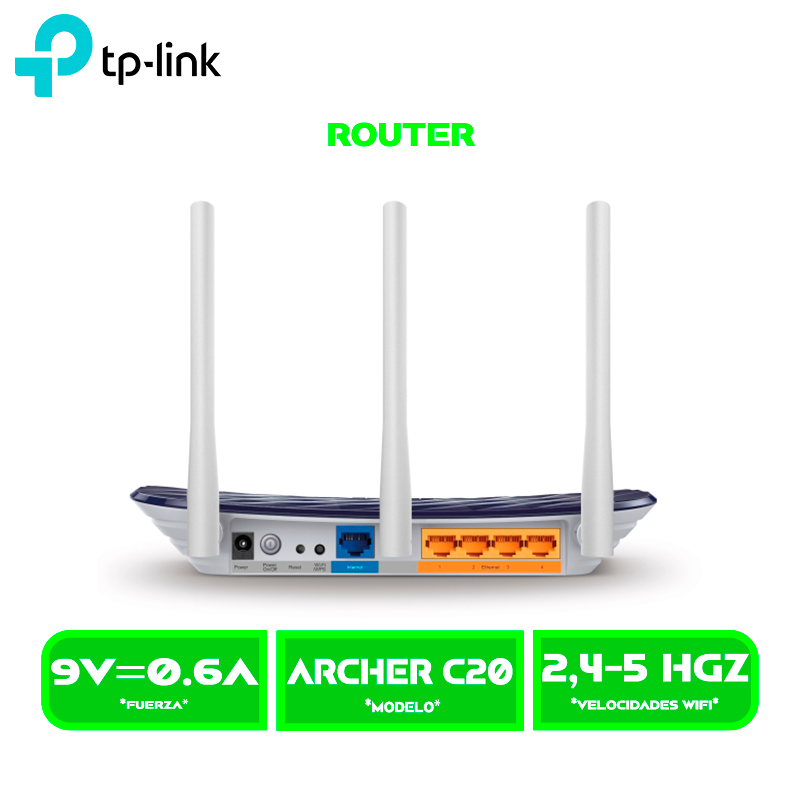 ROUTER TP-LINK ARCHER C20 AC750 WIRELESS DOBLE BANDA 3 ANTENAS