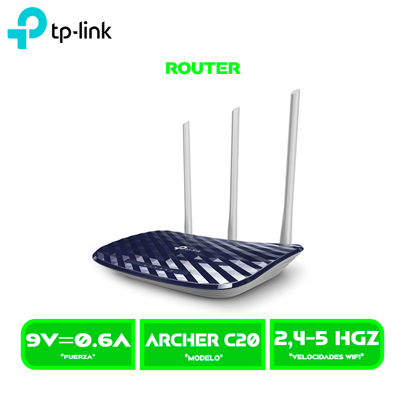 ROUTER TP-LINK ARCHER C20 AC750 WIRELESS DOBLE BANDA 3 ANTENAS