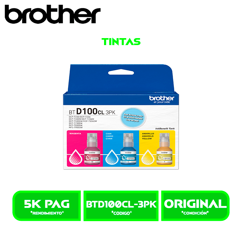 TINTA BROTHER TRI-PACK BTD100CL-3PK COLOR T430DW/T530DW/T730DW/T830DW/T930DW