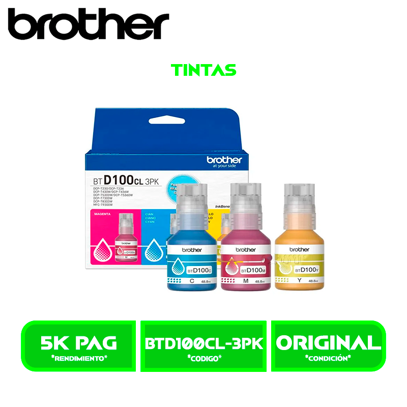 TINTA BROTHER TRI-PACK BTD100CL-3PK COLOR T430DW/T530DW/T730DW/T830DW/T930DW
