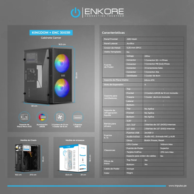 CASE ENKORE GAMER ENC 3003R 230W, 2FAN 12CM ARGB