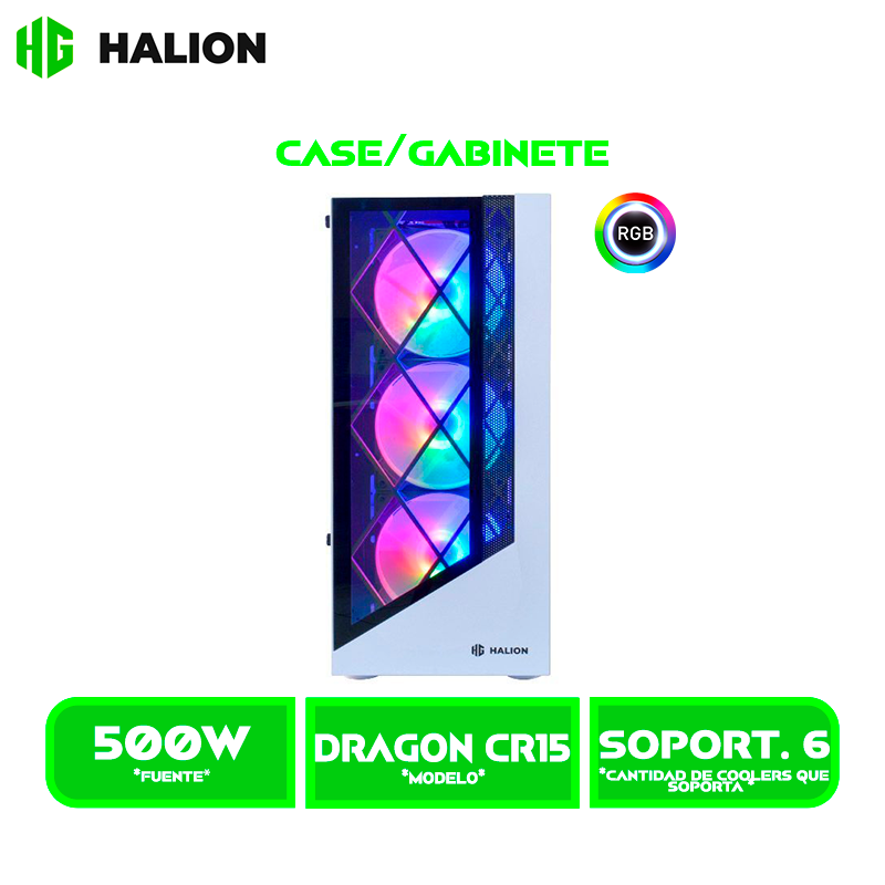 CASE GAMER HALION DRAGON CR15 500W 4X12 LED USB 2.-3.0 VIDRIO TEMPLADO WHITE