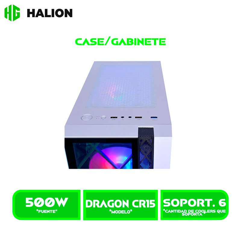 CASE GAMER HALION DRAGON CR15 500W 4X12 LED USB 2.-3.0 VIDRIO TEMPLADO WHITE