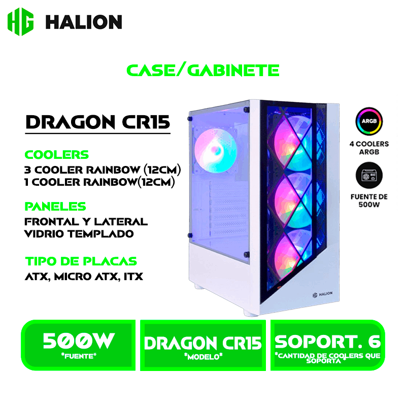 CASE GAMER HALION DRAGON CR15 500W 4X12 LED USB 2.-3.0 VIDRIO TEMPLADO WHITE
