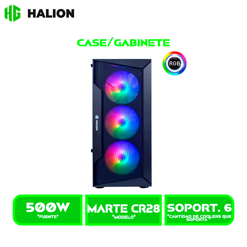 CASE GAMER HALION MARTE CR28 C/ FUENTE 500W NEGRO MALLA PANEL VIDRIO TEMPLADO 4 COOLER FAN LED RAINBOW