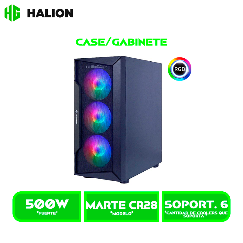 CASE GAMER HALION MARTE CR28 C/ FUENTE 500W NEGRO MALLA PANEL VIDRIO TEMPLADO 4 COOLER FAN LED RAINBOW