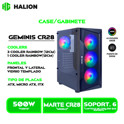 CASE GAMER HALION MARTE CR28 C/ FUENTE 500W NEGRO MALLA PANEL VIDRIO TEMPLADO 4 COOLER FAN LED RAINBOW