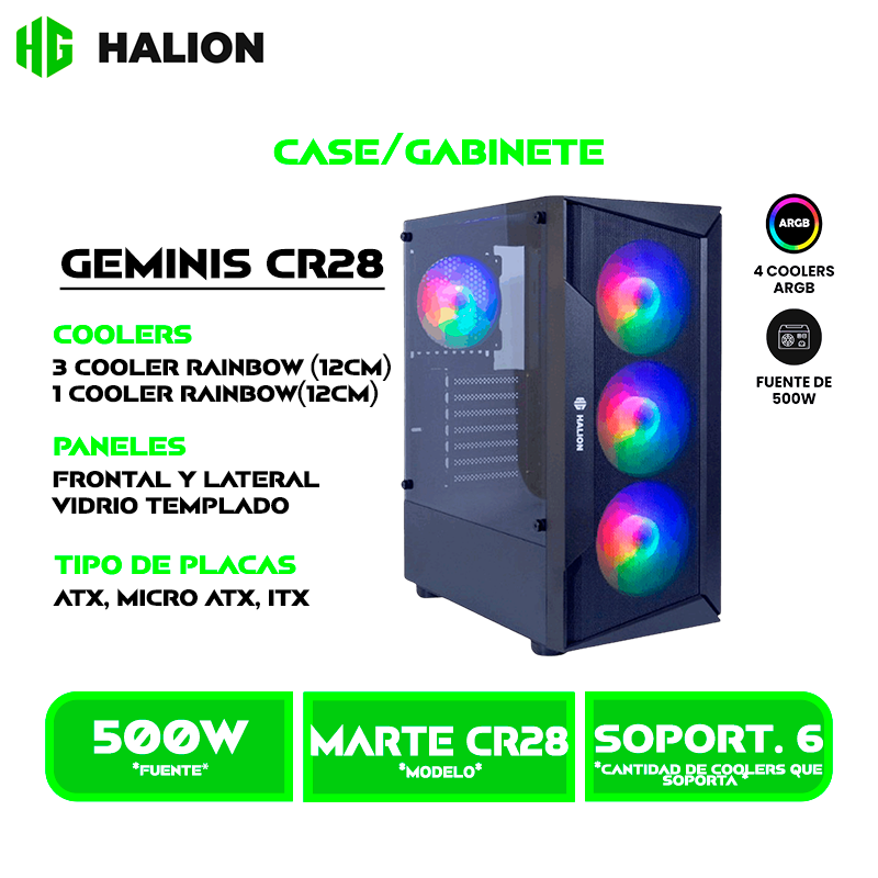 CASE GAMER HALION MARTE CR28 C/ FUENTE 500W NEGRO MALLA PANEL VIDRIO TEMPLADO 4 COOLER FAN LED RAINBOW