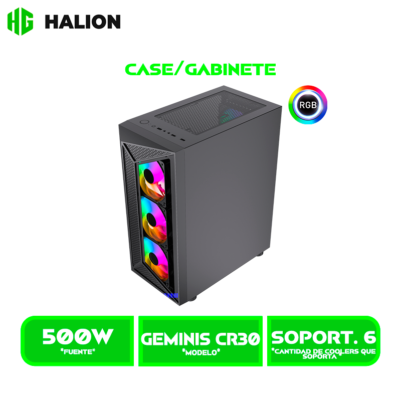 CASE GAMER HALION GEMINIS CR30 VIDRIO TEMPLADO, 500W, X4 LED RAINBOW