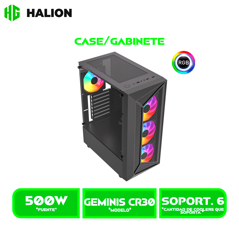 CASE GAMER HALION GEMINIS CR30 VIDRIO TEMPLADO, 500W, X4 LED RAINBOW