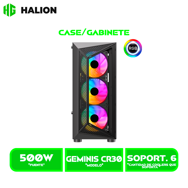CASE GAMER HALION GEMINIS CR30 VIDRIO TEMPLADO, 500W, X4 LED RAINBOW