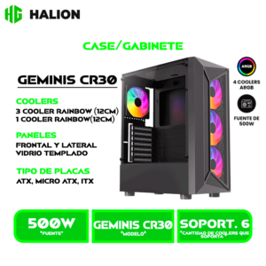 CR30 CASE GAMER HALION GEMINIS CR30 VIDRIO TEMPLADO, 500W, X4 LED RAINBOW