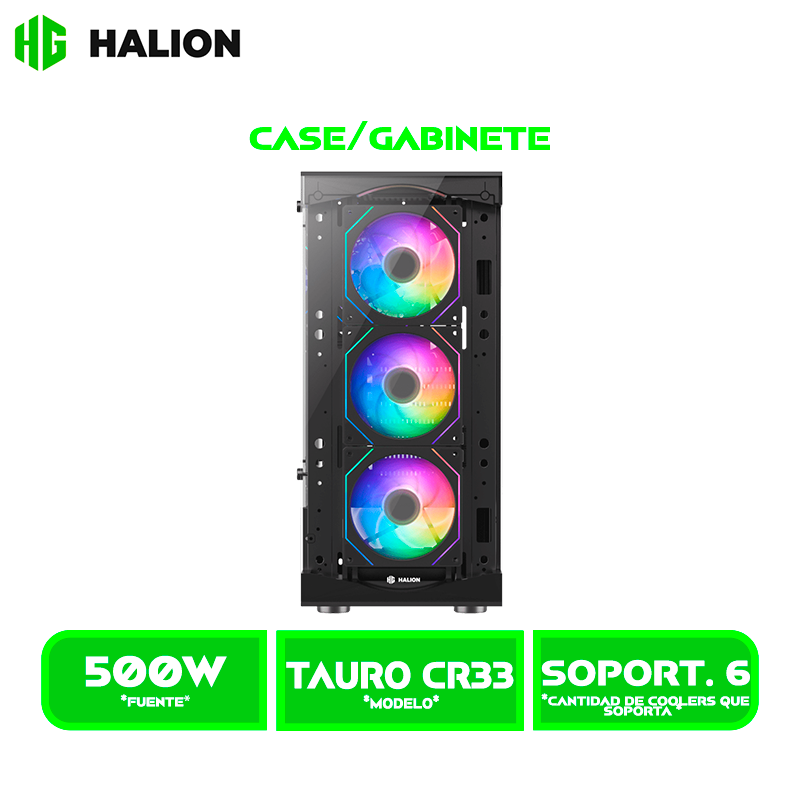 CASE GAMER HALION TAURO CR33 500W V/TEMPLADO 4 LED ARGB BLACK