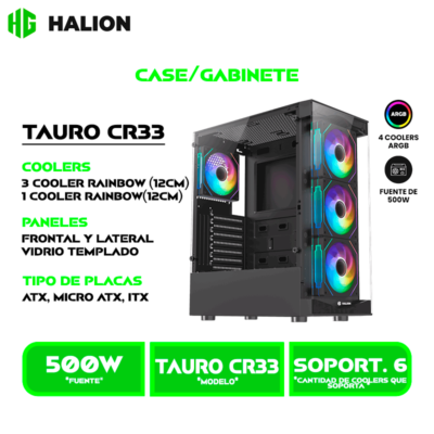CASE GAMER HALION TAURO CR33 500W V/TEMPLADO 4 LED ARGB BLACK