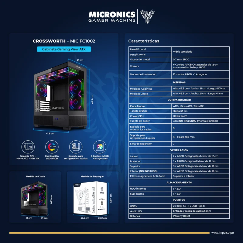 CASE MICRONICS CROSSWORTH MIC FC1002 USB 3.0, 2FAN ARGB SIN FUENTE VIDRIO TEMPLADO MID TOWER BLACK