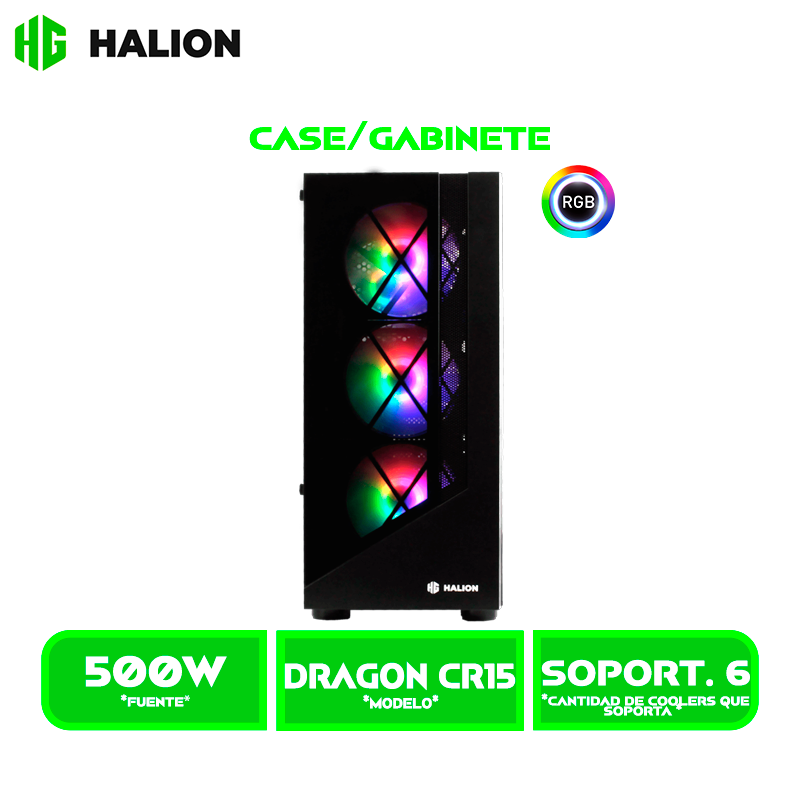 CASE GAMER HALION DRAGON CR15 500W 4X12 LED USB 2.-3.0 VIDRIO TEMPLADO BLACK