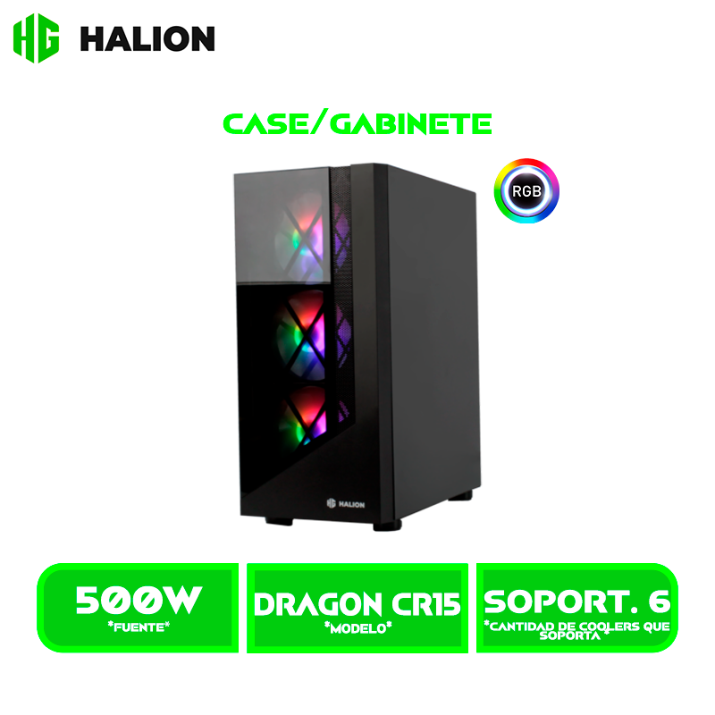 CASE GAMER HALION DRAGON CR15 500W 4X12 LED USB 2.-3.0 VIDRIO TEMPLADO BLACK