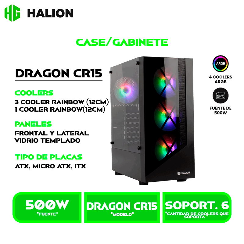 CASE GAMER HALION DRAGON CR15 500W 4X12 LED USB 2.-3.0 VIDRIO TEMPLADO BLACK