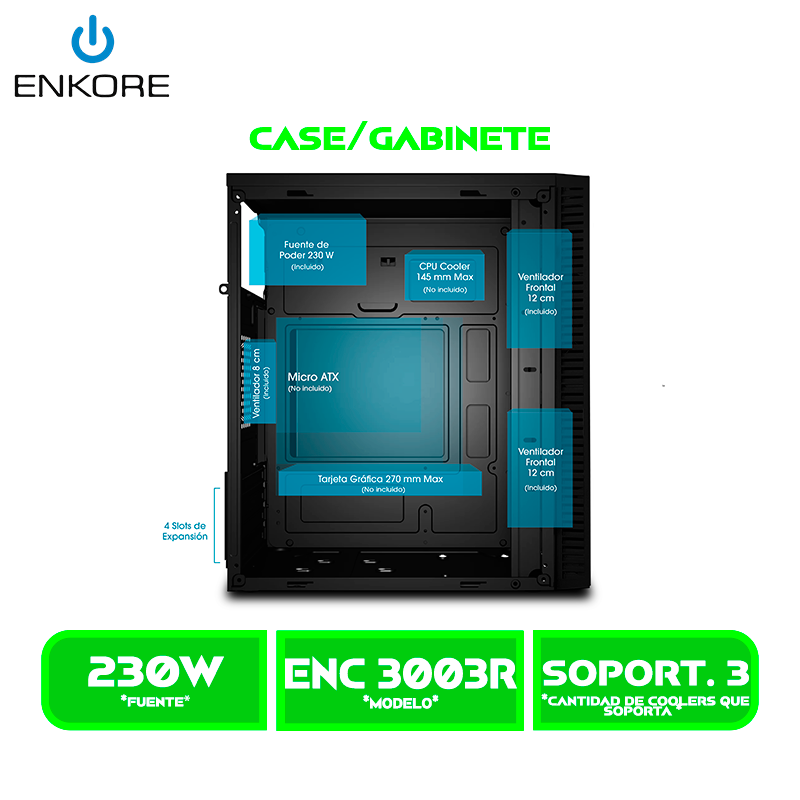 CASE ENKORE GAMER ENC 3003R 230W, 2FAN 12CM ARGB