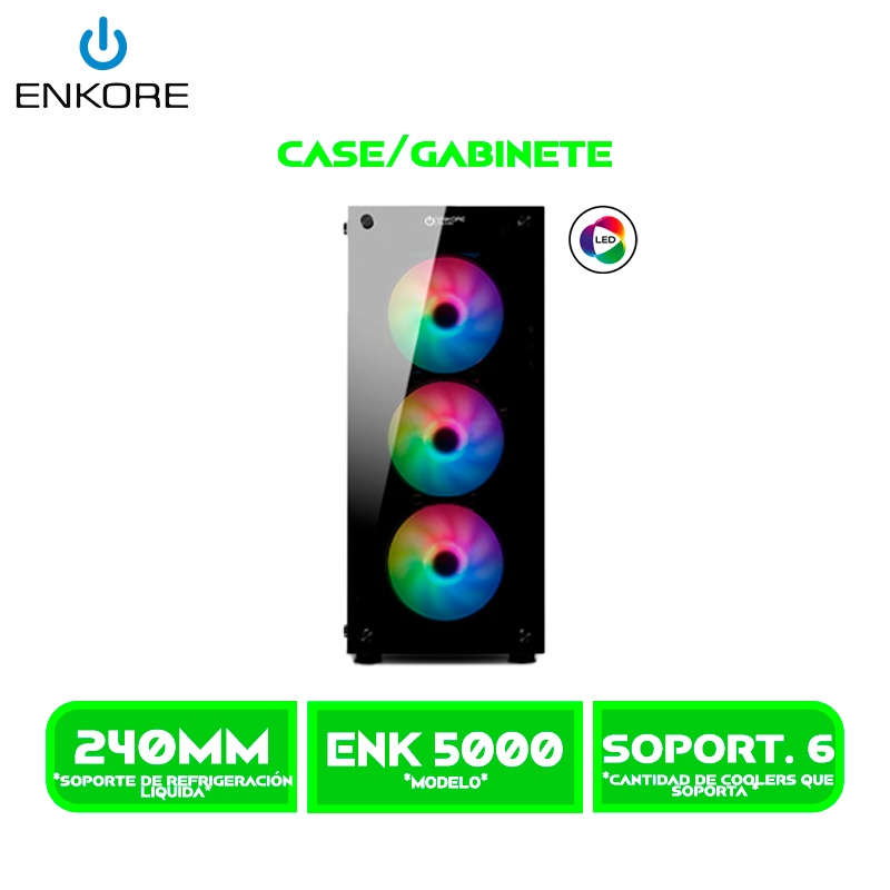 CASE ENKORE FALCON ENK 5000 3 COOLER RAINBOW LED SIN FUENTE VIDRIO TEMPLADO USB 3.0/USB