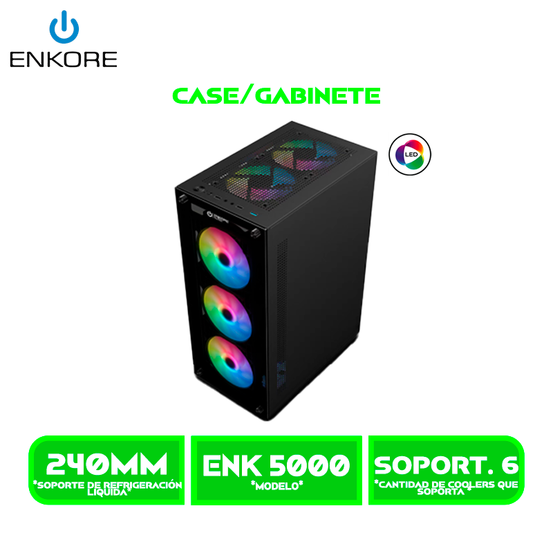 CASE ENKORE FALCON ENK 5000 3 COOLER RAINBOW LED SIN FUENTE VIDRIO TEMPLADO USB 3.0/USB