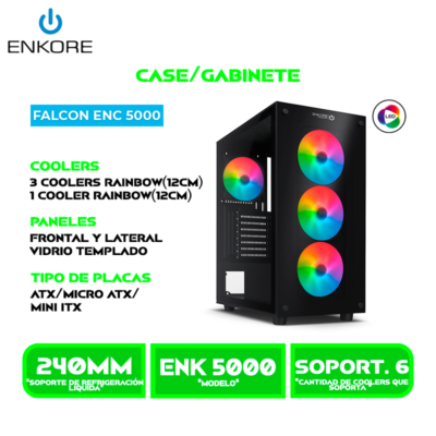 CASE ENKORE FALCON ENK 5000 3 COOLER RAINBOW LED SIN FUENTE VIDRIO TEMPLADO USB 3.0/USB
