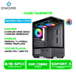ENK C3002 CASE ENKORE INSPIRE ENK C3002W BLACK 3FAN ARGB SIN FUENTE VIDRIO TEMPLADO MID TOWER