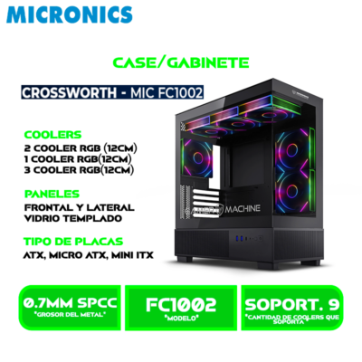 CASE MICRONICS CROSSWORTH MIC FC1002 USB 3.0, 2FAN ARGB SIN FUENTE VIDRIO TEMPLADO MID TOWER BLACK