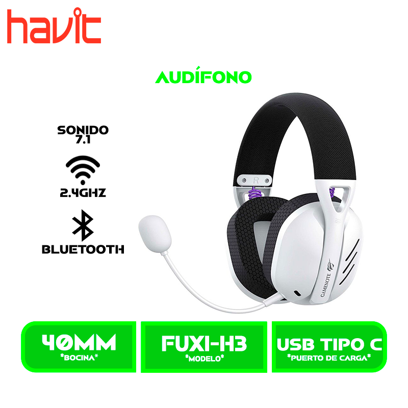 FUXI-H3 white AUDIFONO HAVIT FUXI-H3 | BLUETOOTH- INALAMBRICO- USB | 7.1 | BLANCO - NEGRO
