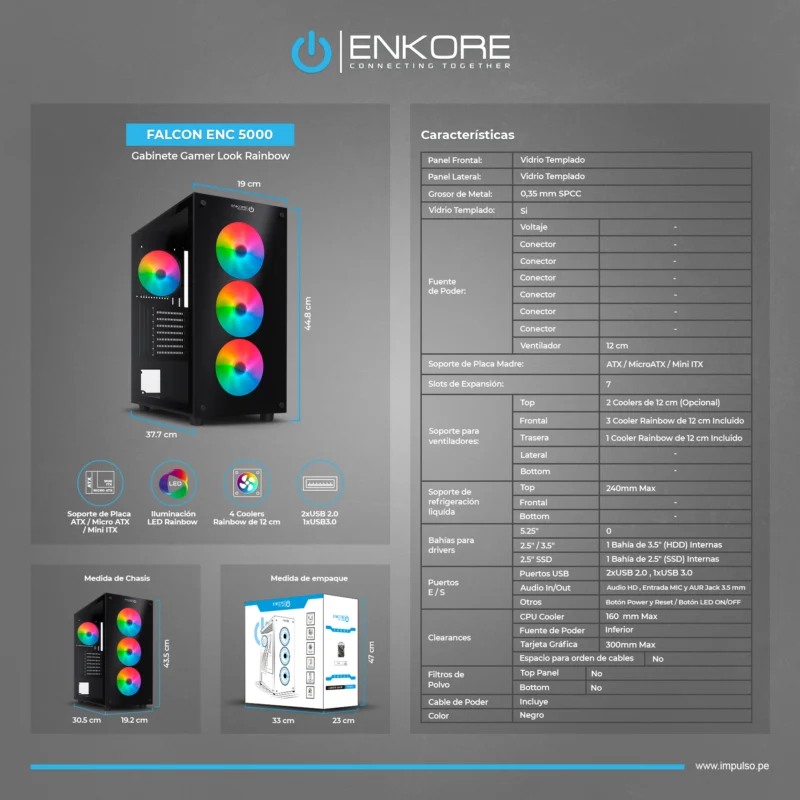 CASE ENKORE FALCON ENK 5000 3 COOLER RAINBOW LED SIN FUENTE VIDRIO TEMPLADO USB 3.0/USB