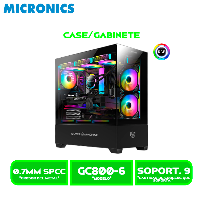 CASE MICRONIC, ICUBE MIC GC800-6 GAMER 6 FAN ARGB SIN FUENTE VIDRIO TEMPLADO BLACK