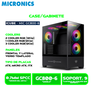 GC800-6 CASE MICRONIC, ICUBE MIC GC800-6 GAMER 6 FAN ARGB SIN FUENTE VIDRIO TEMPLADO BLACK