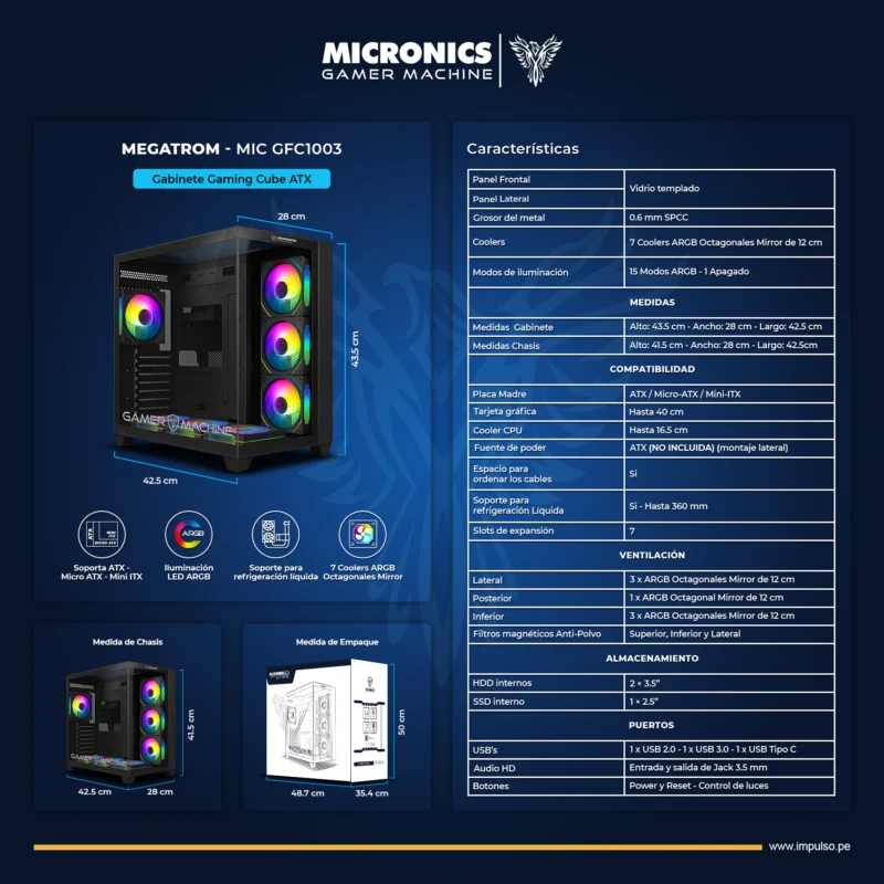 CASE MICRONICS MEGATRON MIC GFC1003 7FAN ARGB SIN FUENTE VIDRIO TEMPLADO BLACK