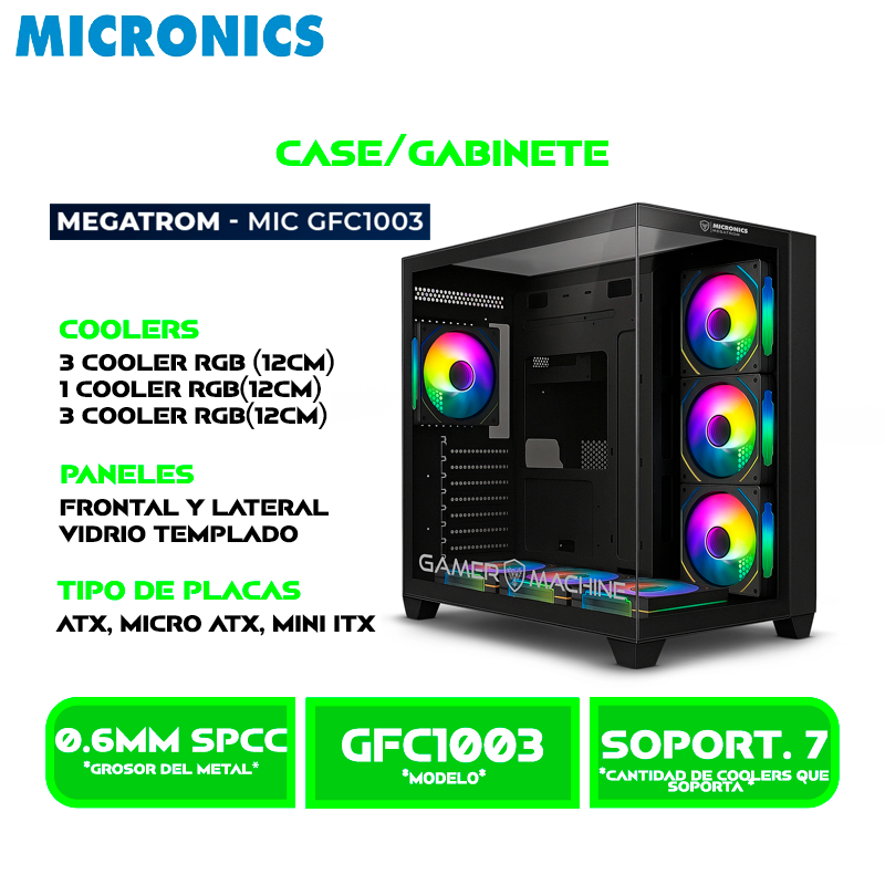 CASE MICRONICS MEGATRON MIC GFC1003 7FAN ARGB SIN FUENTE VIDRIO TEMPLADO BLACK