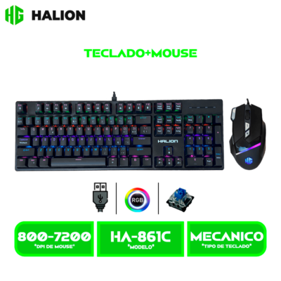 TECLADO+MOUSE HALION PEGASO MECANICO (HA-861C) RAINBOW MOUSE 7200 DPI RGB