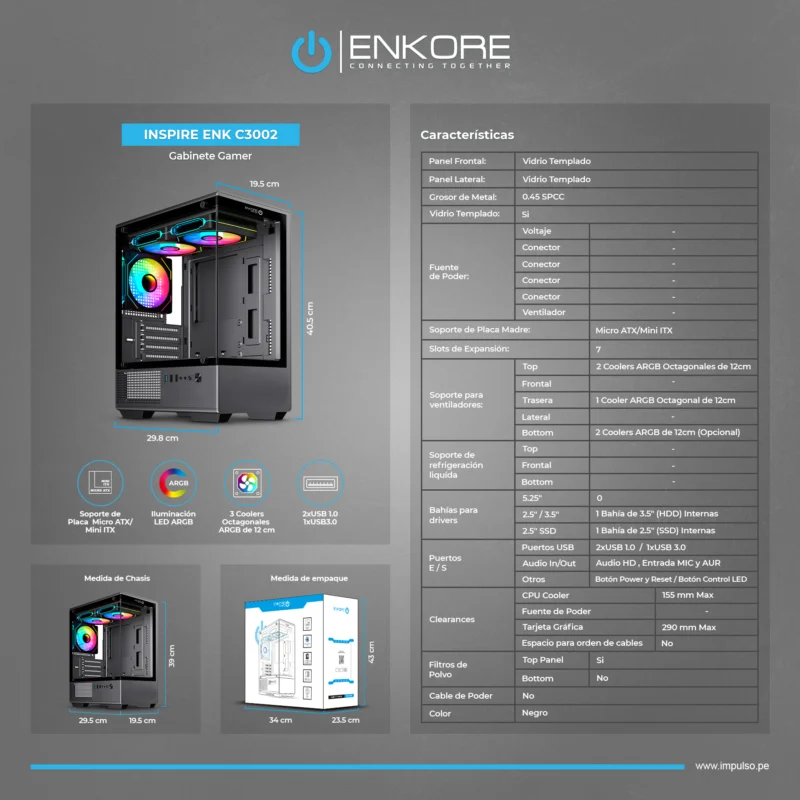 CASE ENKORE INSPIRE ENK C3002W BLACK 3FAN ARGB SIN FUENTE VIDRIO TEMPLADO MID TOWER
