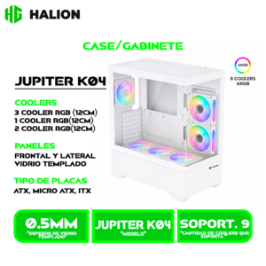 JUPITER K04 WHITE CASE HALION GAMER ATX FISH TANK JUPITER K04 6XARGB WHITE SIN FUENTE