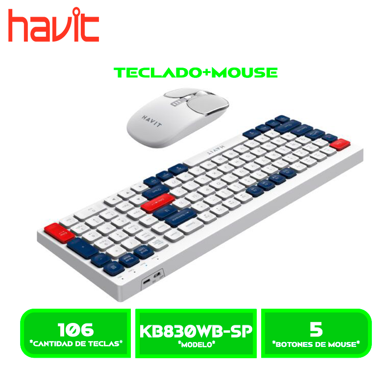 TECLADO+MOUSE HAVIT KB830WB-SP (HVKB-KB830WB-SP-WH) WIRELESS / BLUETOOTH WHITE, RED, BLUE