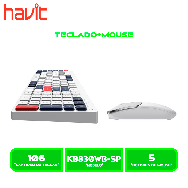 TECLADO+MOUSE HAVIT KB830WB-SP (HVKB-KB830WB-SP-WH) WIRELESS / BLUETOOTH WHITE, RED, BLUE
