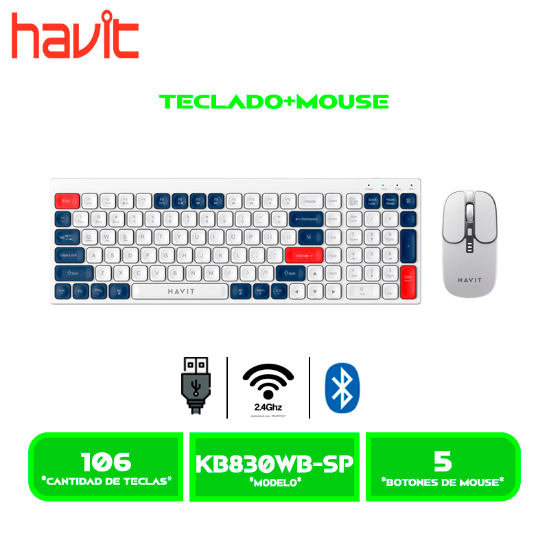 TECLADO+MOUSE HAVIT KB830WB-SP (HVKB-KB830WB-SP-WH) WIRELESS / BLUETOOTH WHITE, RED, BLUE