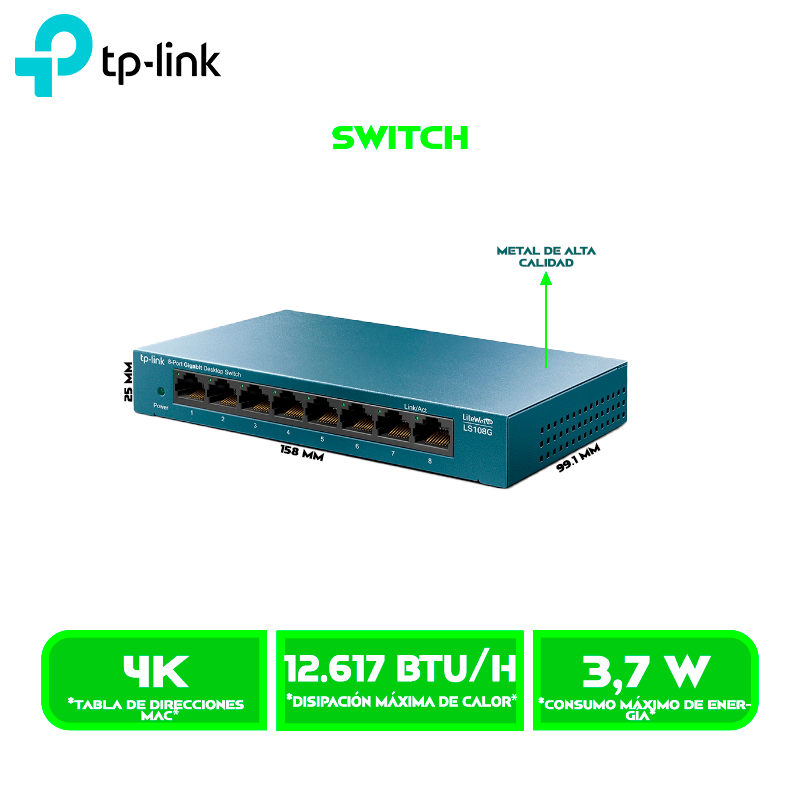 SWITCH TP-LINK LS108G 8 PUERTOS, 10/100/1000 MBPS, GIGABIT, (TL-LS108G)