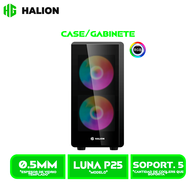 CASE HALION LUNA P25, 3 COOLER RGB, V/TEMPLADO SIN FUENTE