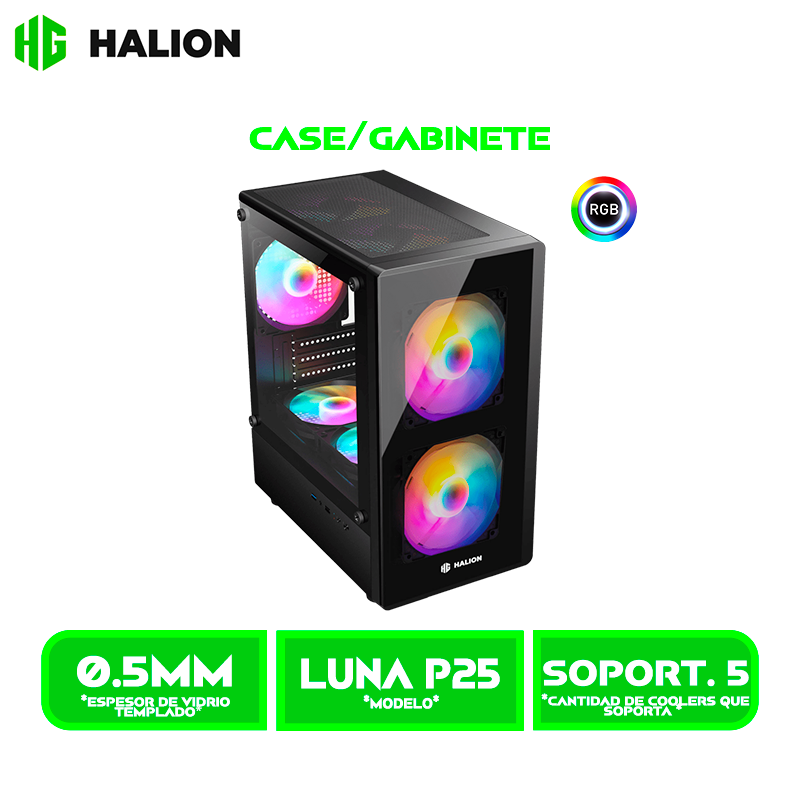 CASE HALION LUNA P25, 3 COOLER RGB, V/TEMPLADO SIN FUENTE