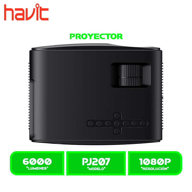 PROYECTOR HAVIT (PJ207) BLACK 160 ANSI 6000 LUMENES 2.69" LCD DISPLAY 1080P WIFI HDMI, AV CABLE C/