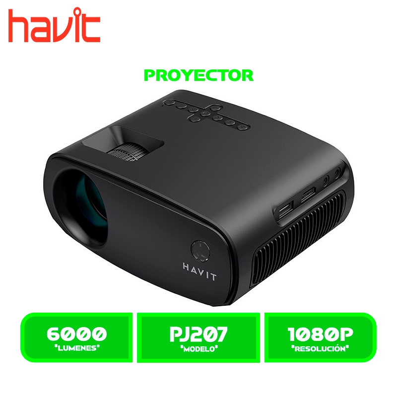 PROYECTOR HAVIT (PJ207) BLACK 160 ANSI 6000 LUMENES 2.69" LCD DISPLAY 1080P WIFI HDMI, AV CABLE C/