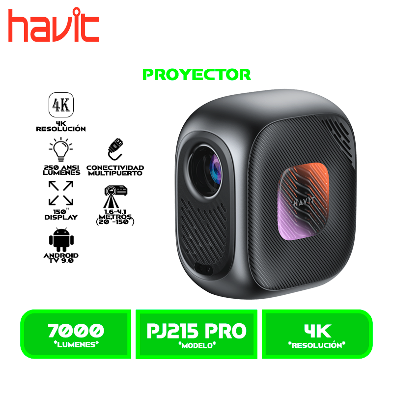 PROYECTOR HAVIT (PJ215 PRO) BLACK 1280X720 ANSI 250 LUMENES| ANDROID-TV 9.0 SOPORTA 4K SPEAKER, 150", AV, WIFI