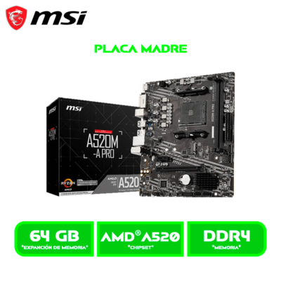 PLACA MSI A520M-A PRO, AM4 AMD DDR4 PCI 3.0, NVME M.2
