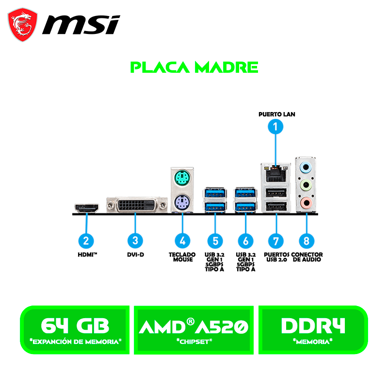PLACA MSI A520M-A PRO, AM4 AMD DDR4 PCI 3.0, NVME M.2
